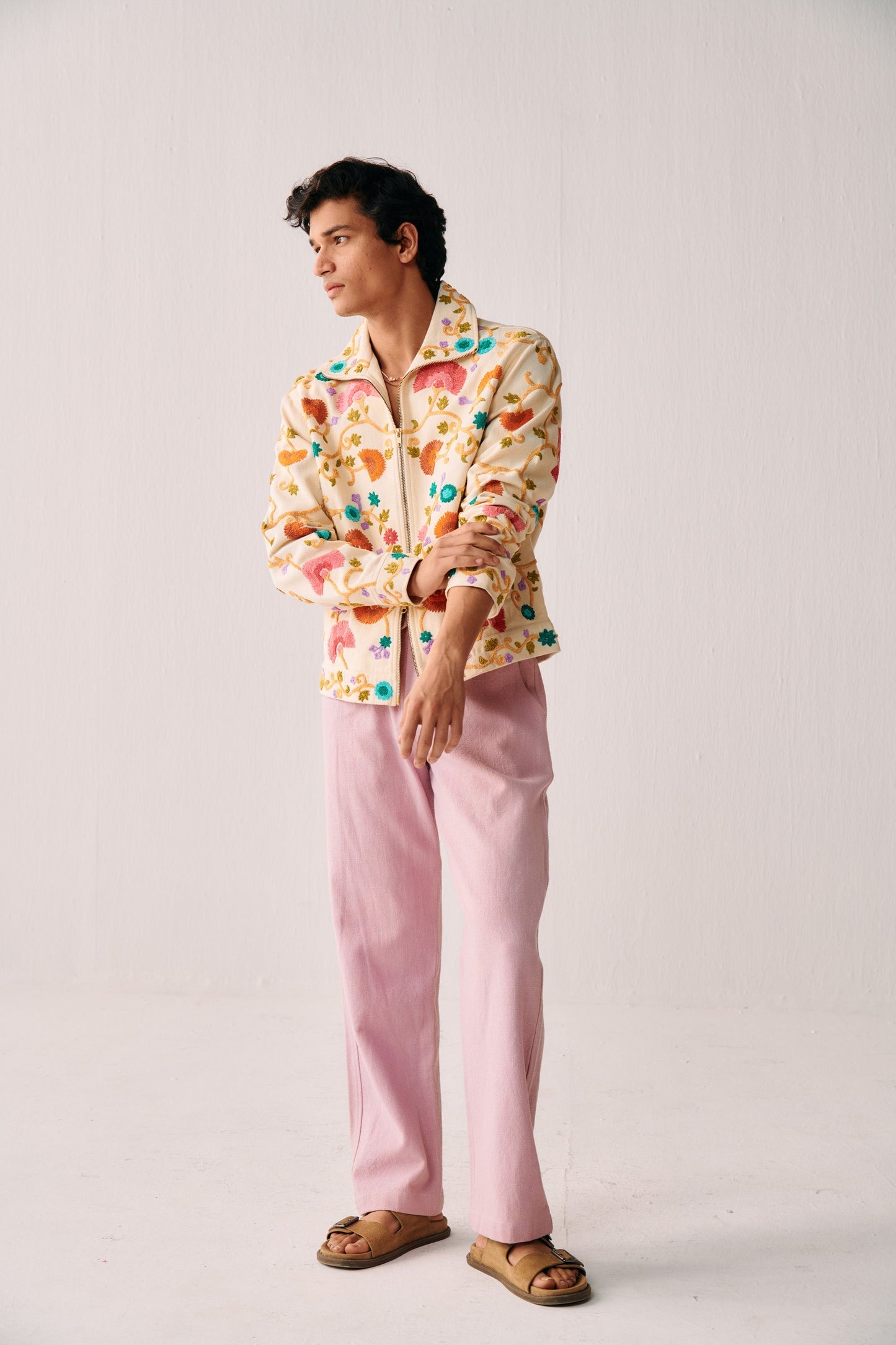 Fuzzy floral embroidered zip up jacket