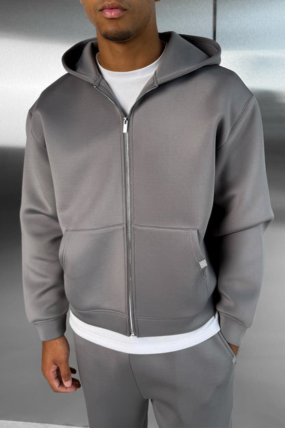 Boxy Scuba Zip Through Hoodie - Grey