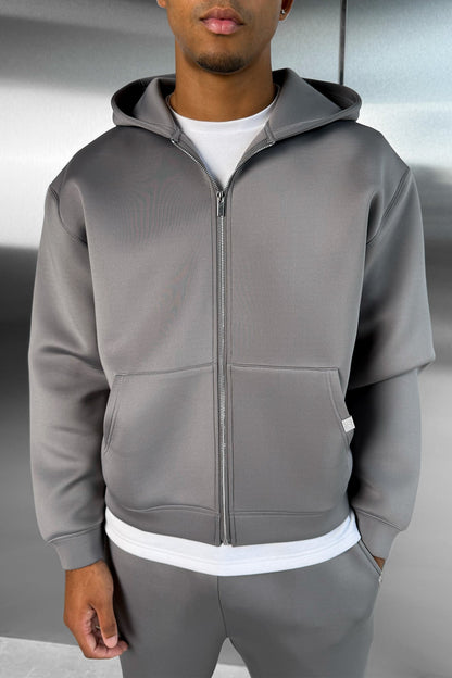 Boxy Scuba Zip Through Hoodie - Grey