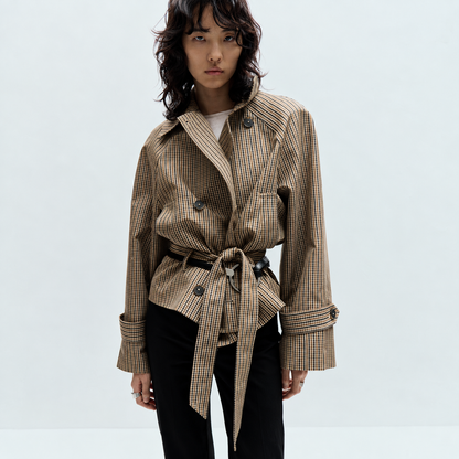Short checked trench coat with belt