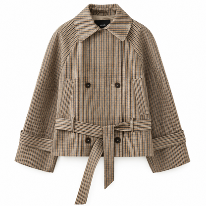 Short checked trench coat with belt