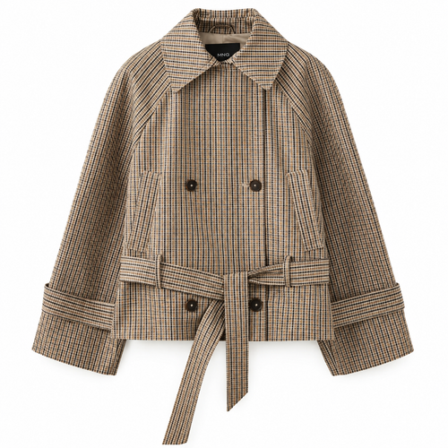Short checked trench coat with belt